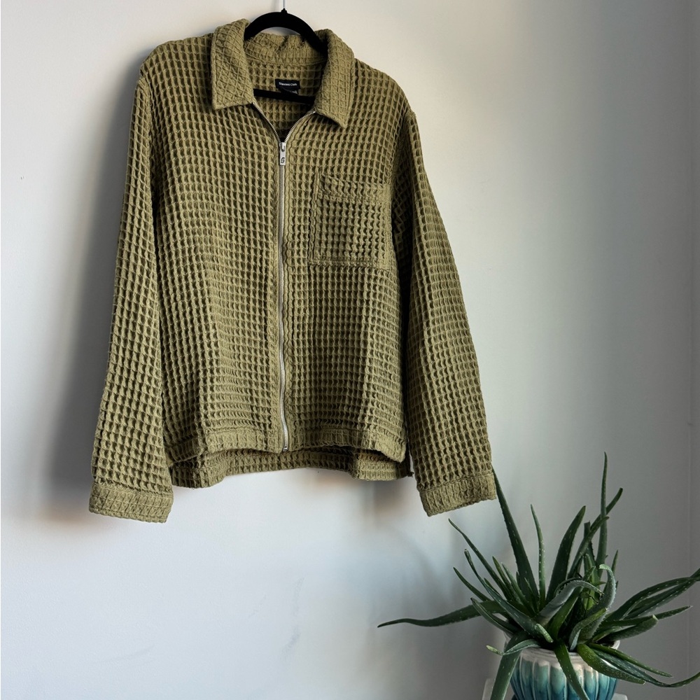 Olive Green Waffle Knit Zip-Up Hoodie